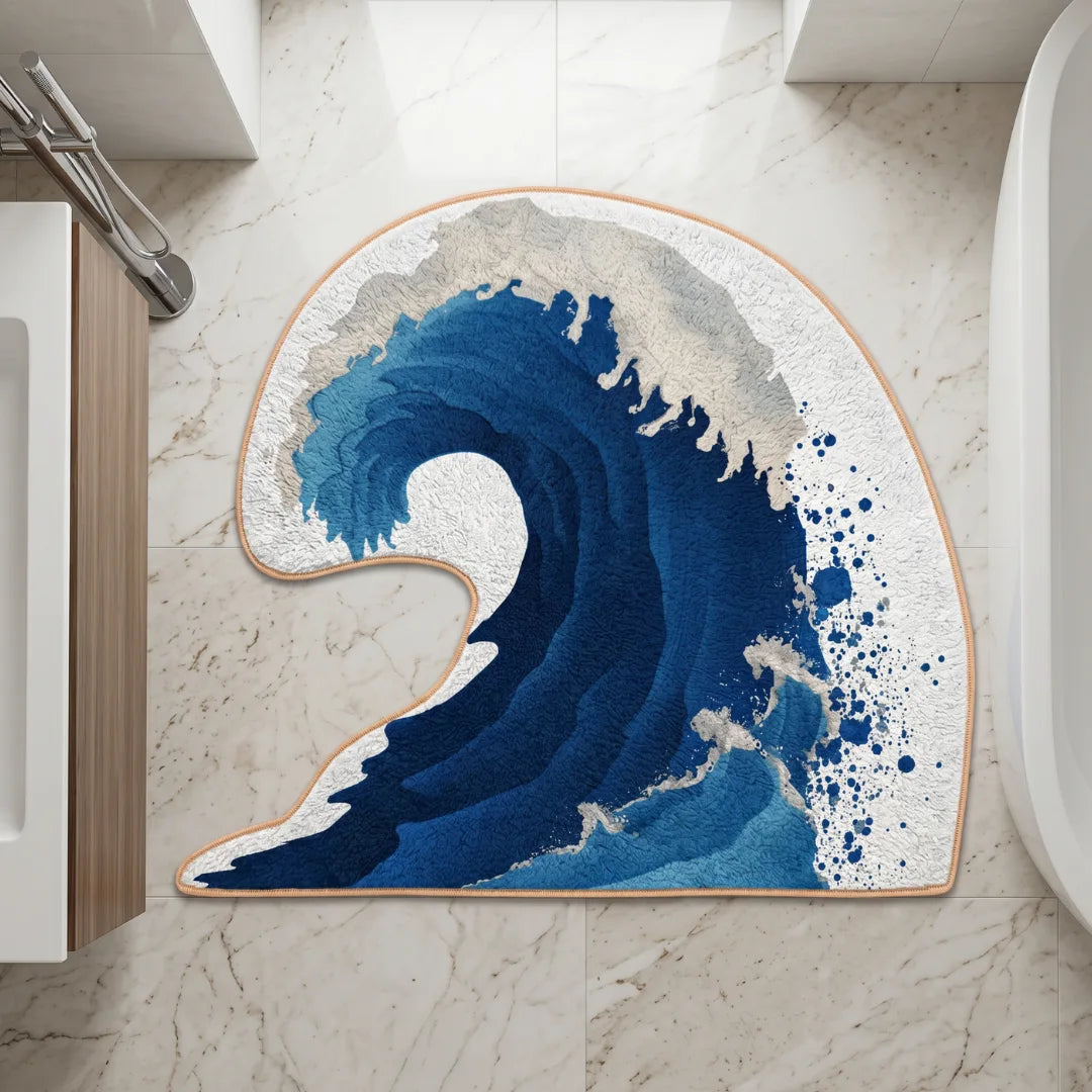 Irregular blue wave rug bathroom
