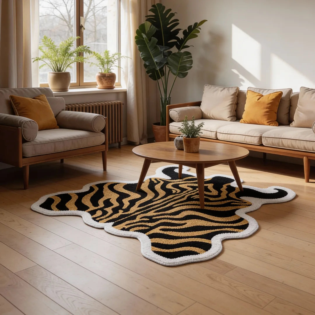 Irregular zebra rug living room