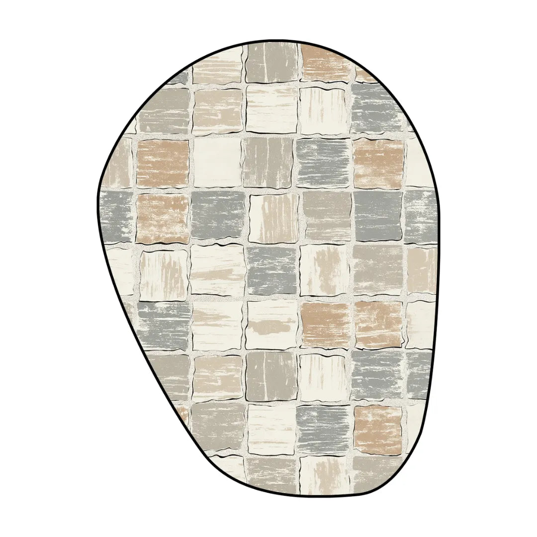 Irregular earthy beige and gray rug bedroom