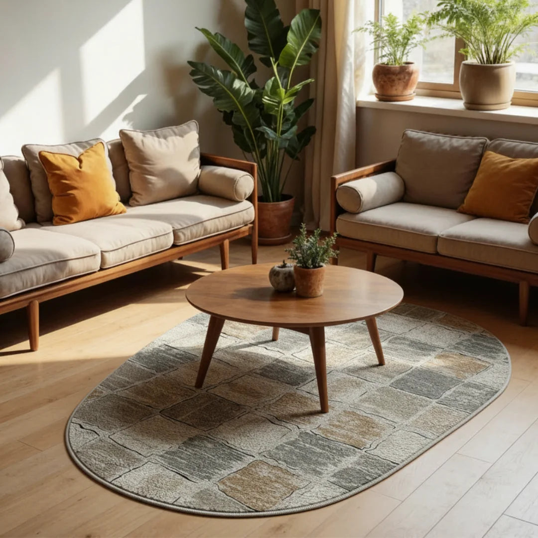Irregular earthy beige and gray rug bedroom