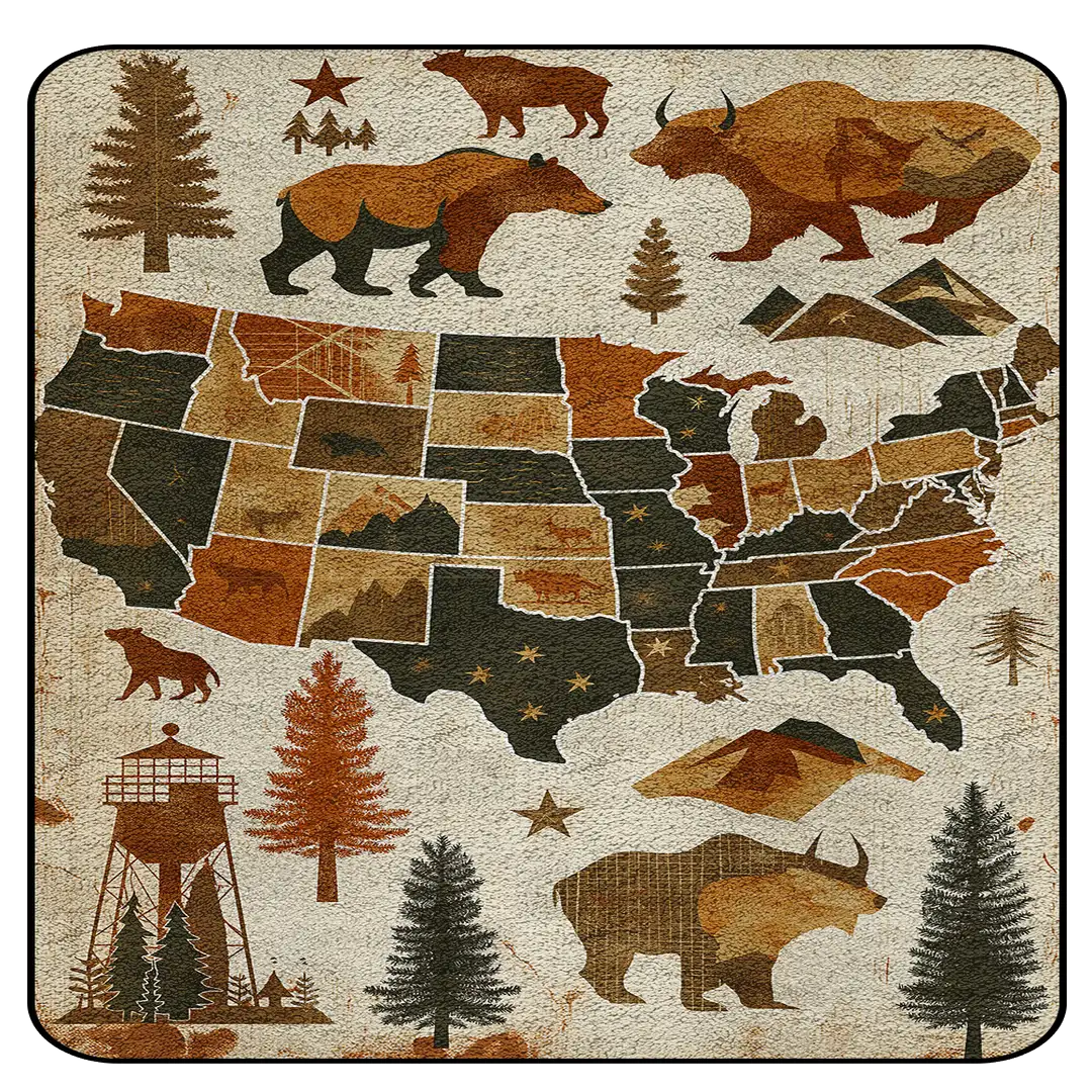 Vintage USA map rug featuring illustrated states, wildlife, trees, and landmarks in earthy colors