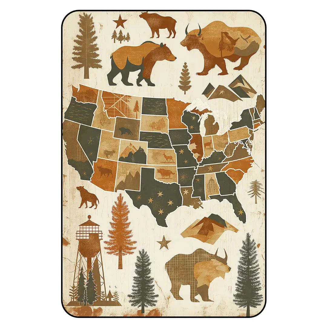 Vintage USA map rug featuring illustrated states, wildlife, trees, and landmarks in earthy colors