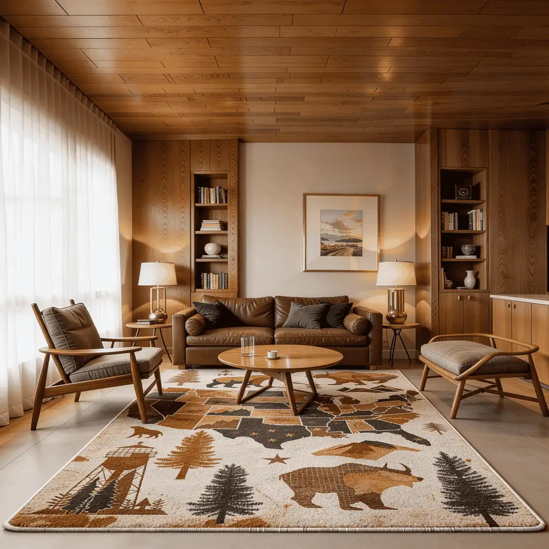 Vintage USA map rug placed in a warm living room with wood furniture and neutral tones