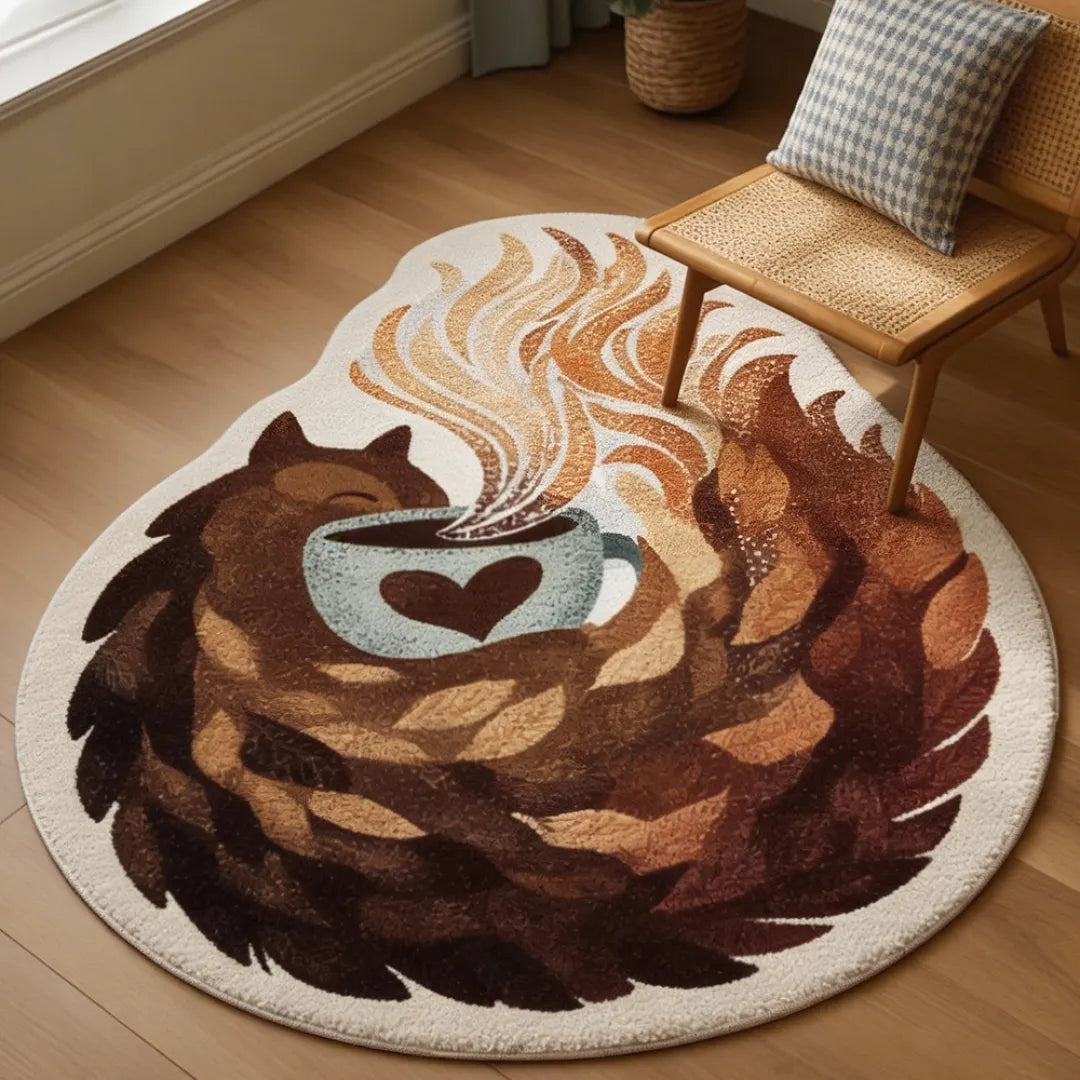 Irregular coffee-themed rug with a steaming cup design in warm brown tones, soft faux cashmere rug by A Print Nest.
