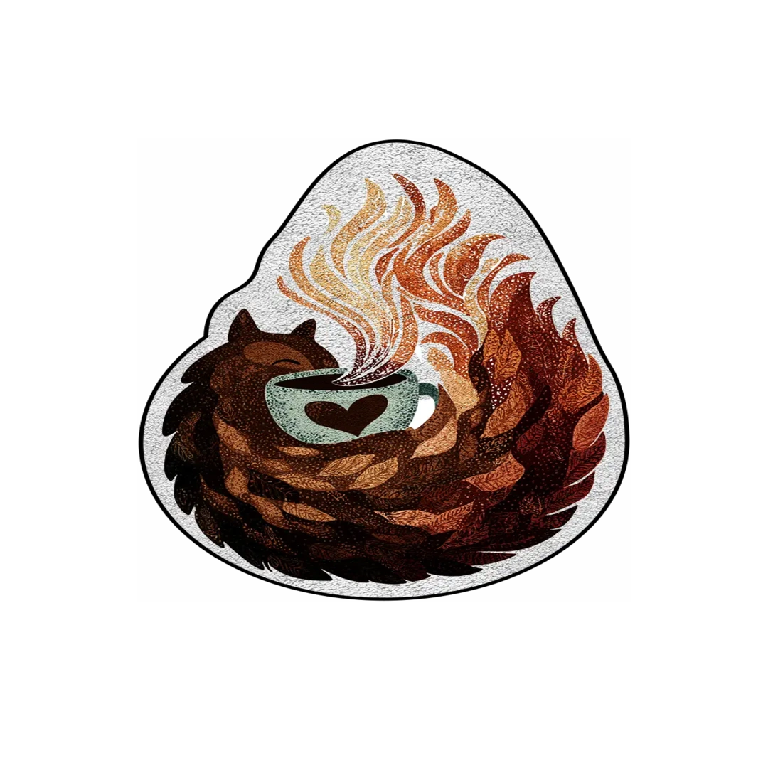 Irregular shaped coffee rug with a steaming cup illustration in earthy brown and cream colors, soft faux cashmere floor rug by A Print Nest