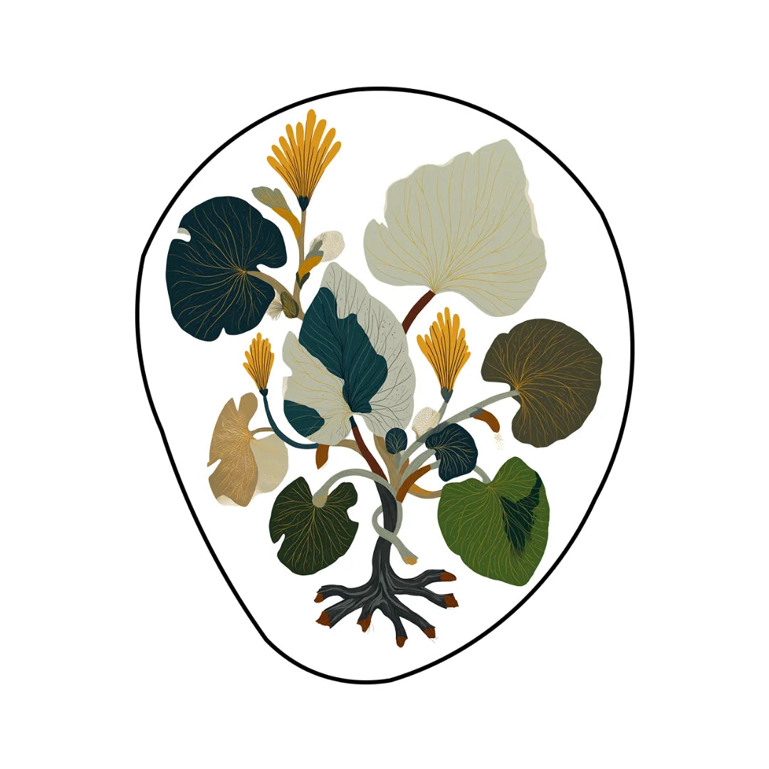 Floral botanical rug featuring layered leaf and flower forms in muted green, cream, and warm yellow tones