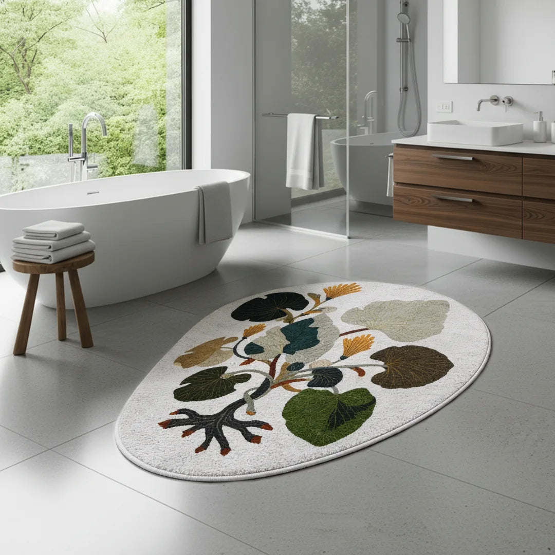 Floral botanical rug placed in a modern bathroom with a freestanding bathtub, soft natural light, and spa-inspired decor
