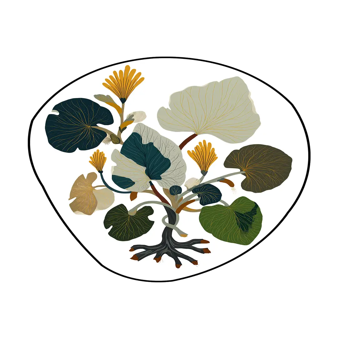 Floral botanical rug featuring layered leaf and flower forms in muted green, cream, and warm yellow tones