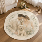 Custom wedding keepsake rug featuring a newlywed couple and their dog with soft botanical details