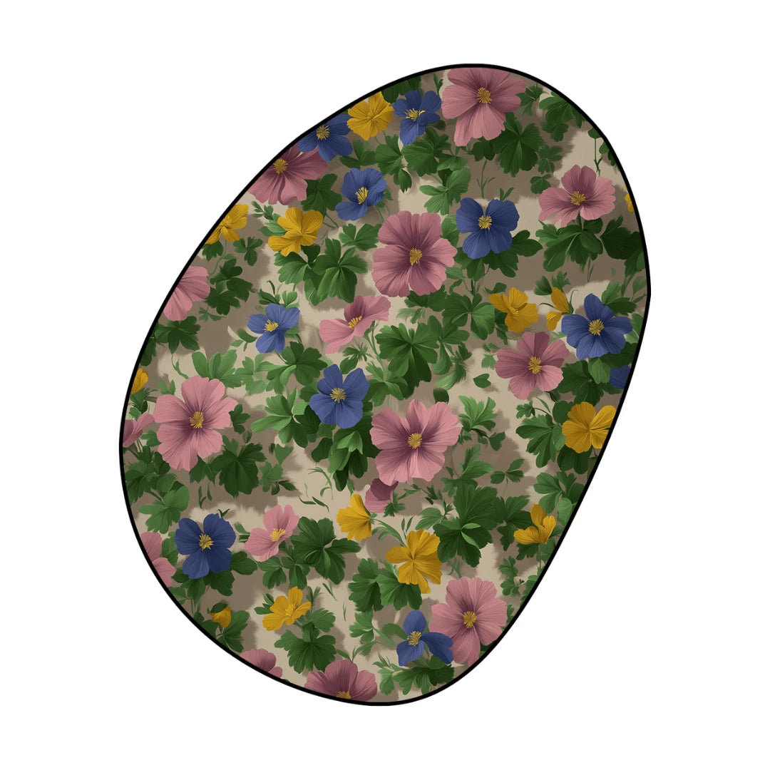 Floral wildflowers rug featuring pink, blue, and yellow flowers with green leaves on a soft beige background