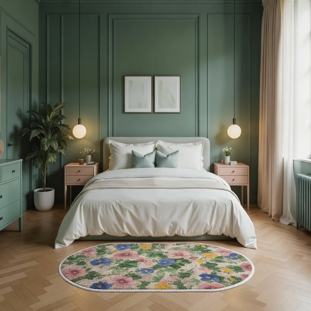 Floral wildflowers rug placed in a calm bedroom with green walls, soft bedding, and natural light