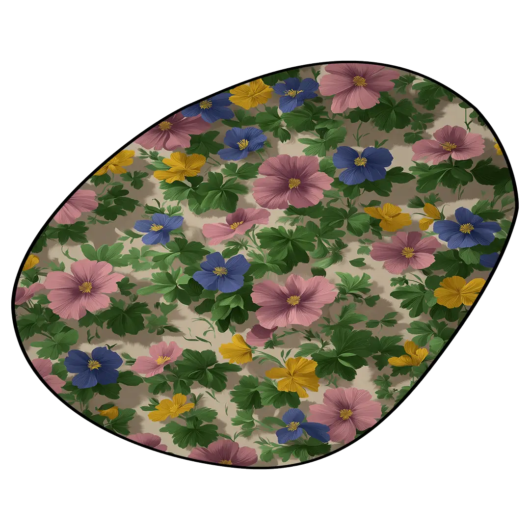 Floral wildflowers rug featuring pink, blue, and yellow flowers with green leaves on a soft beige background