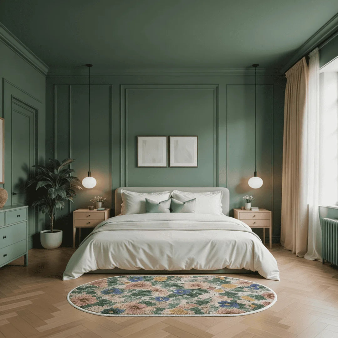 Floral wildflowers rug placed in a calm bedroom with green walls, soft bedding, and natural light
