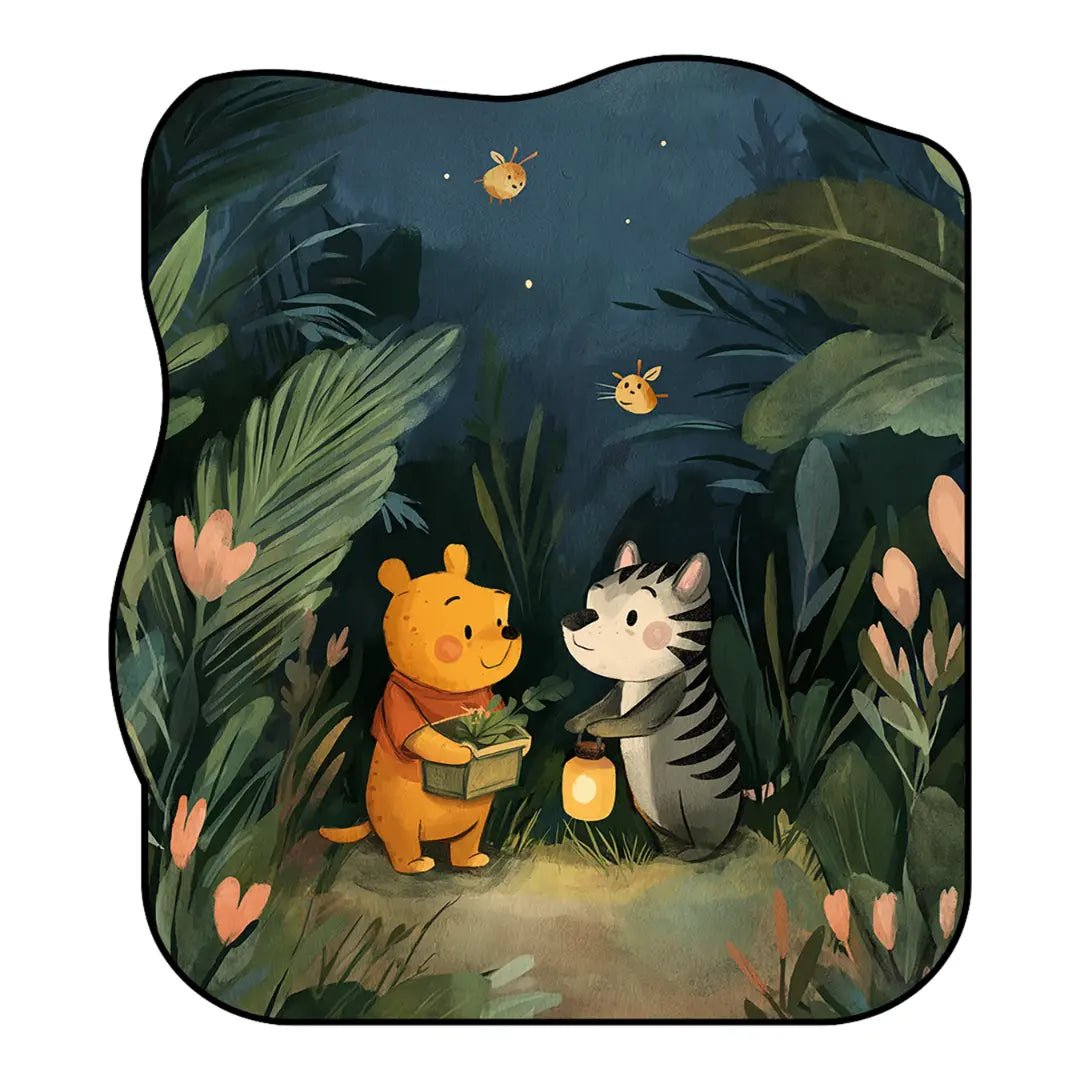 Winnie the Pooh rug featuring Pooh and a woodland friend holding lanterns in a nighttime forest scene