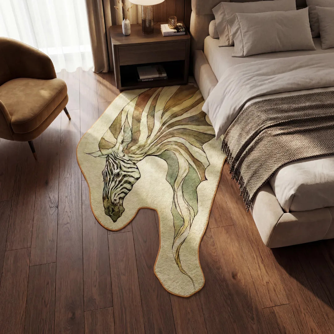 Irregular zebra style rug bedroom