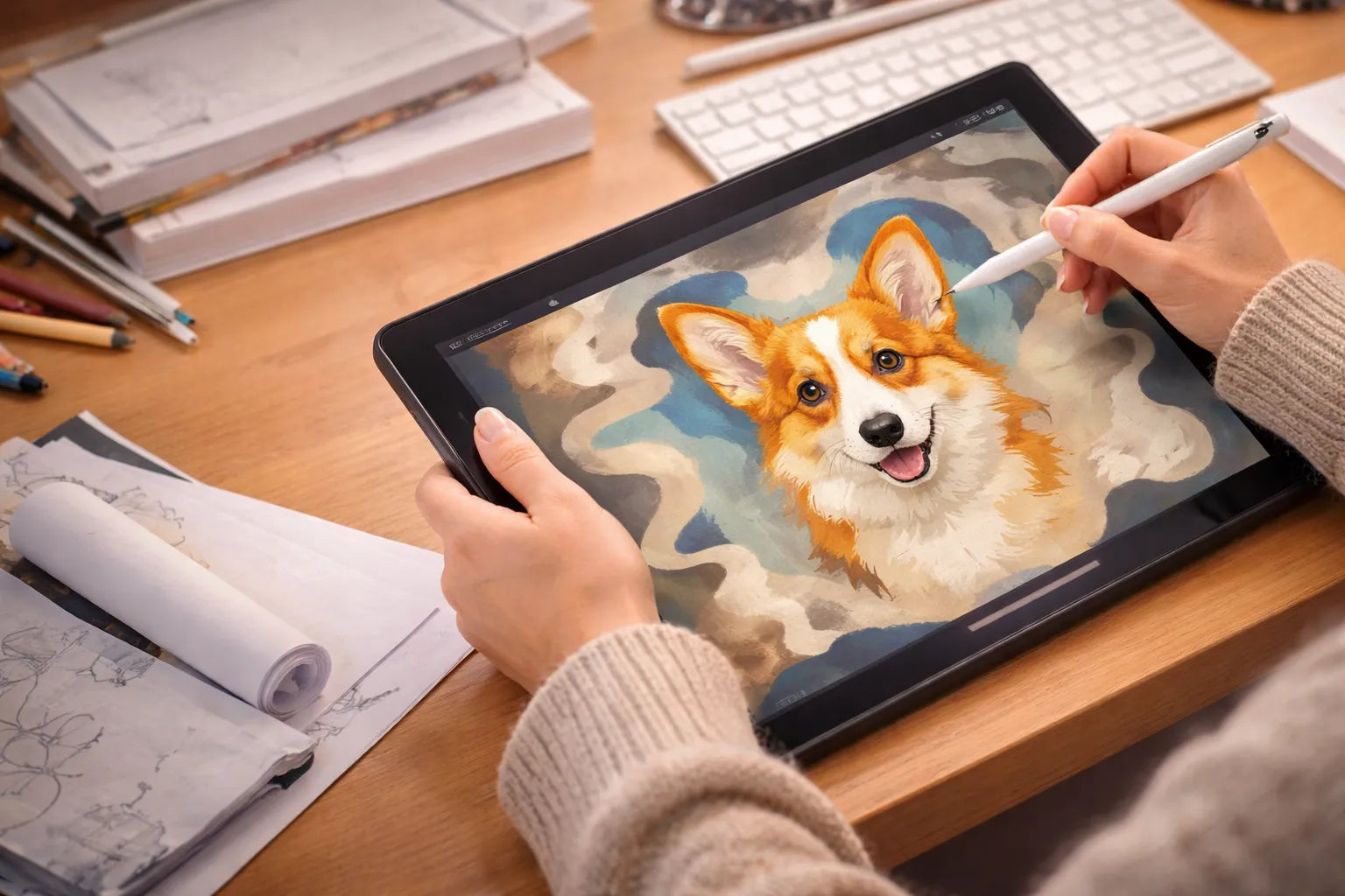 Designer creating a custom pet rug on a tablet using stylus in a bright studio workspace