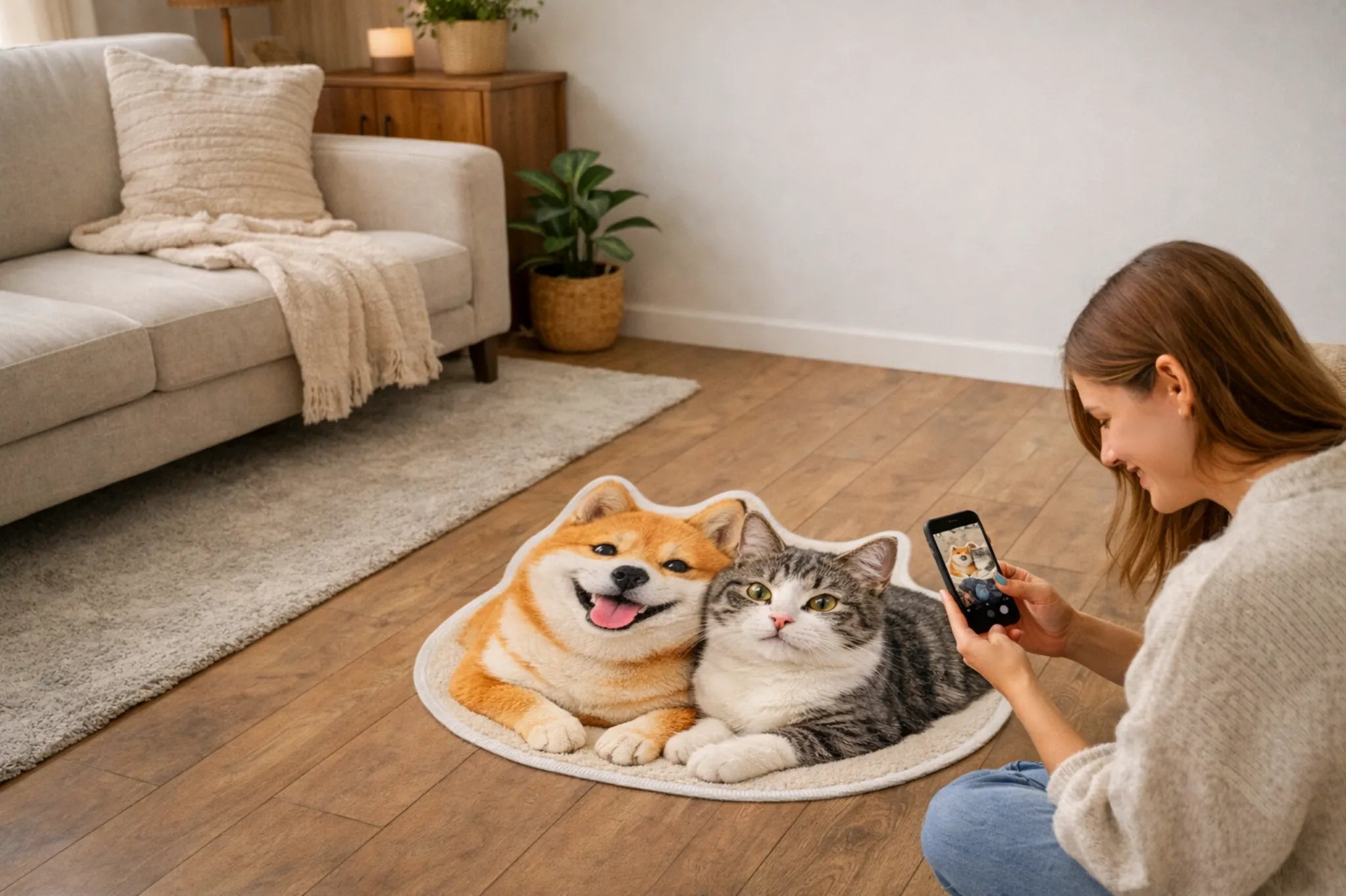 Soft faux cashmere custom rug with realistic cat and dog design and fine stitched edge, displayed in modern living room
