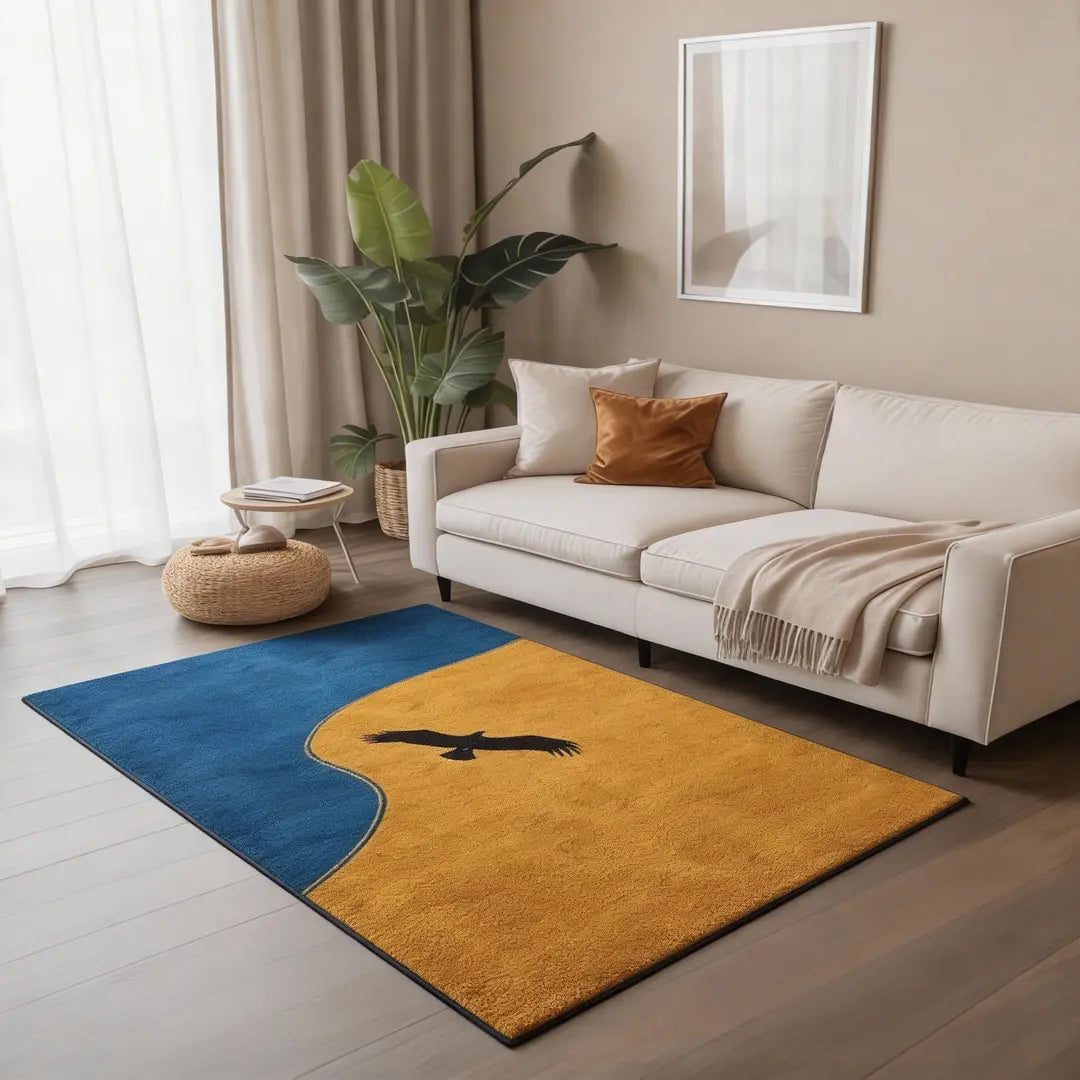 Organic-shaped rug in a modern living room featuring a bald eagle silhouette on a flowing blue and golden landscape design.