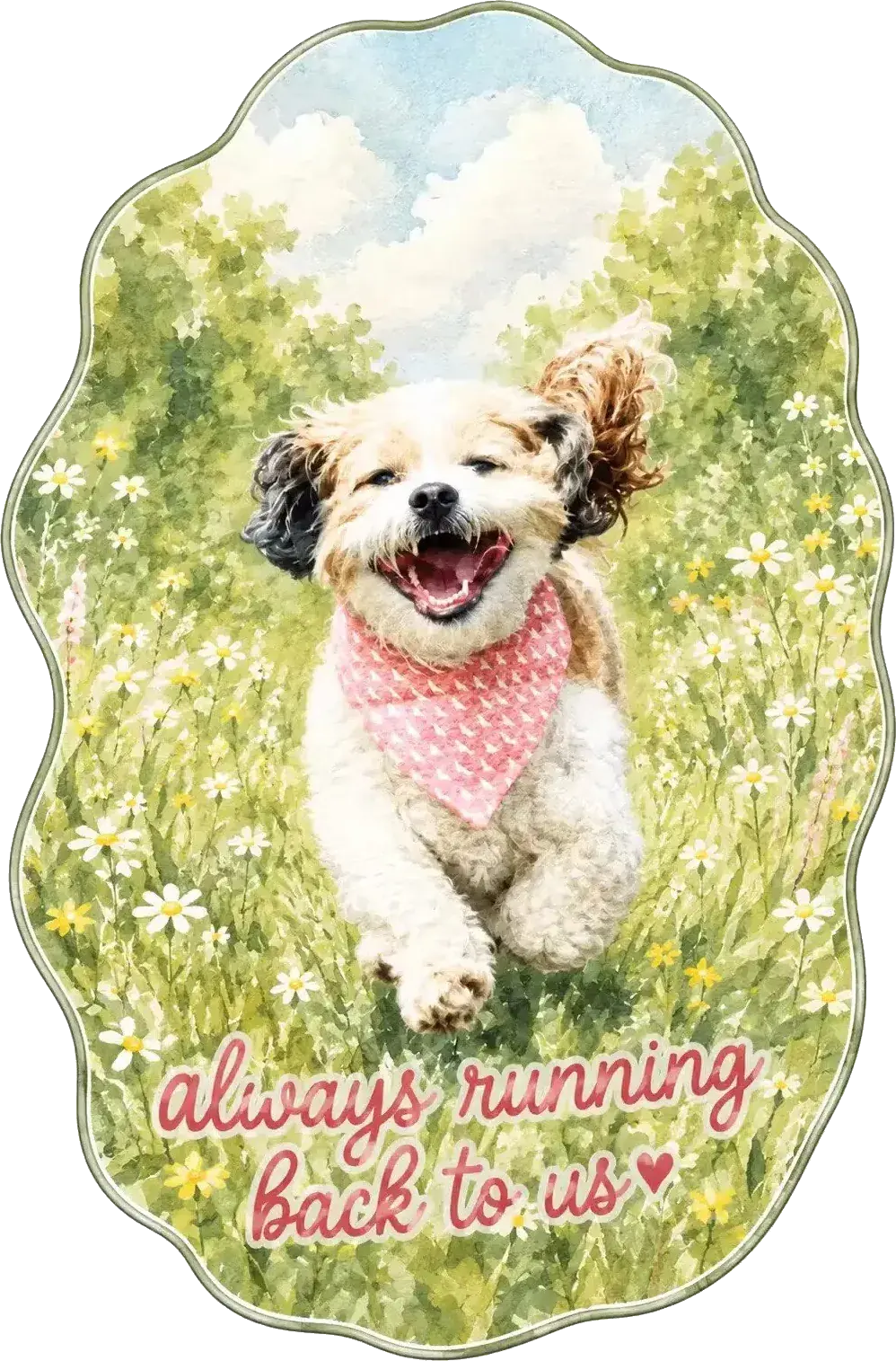 Custom-shaped Chaktah memorial rug design with a flower meadow and the words always running back to us.
