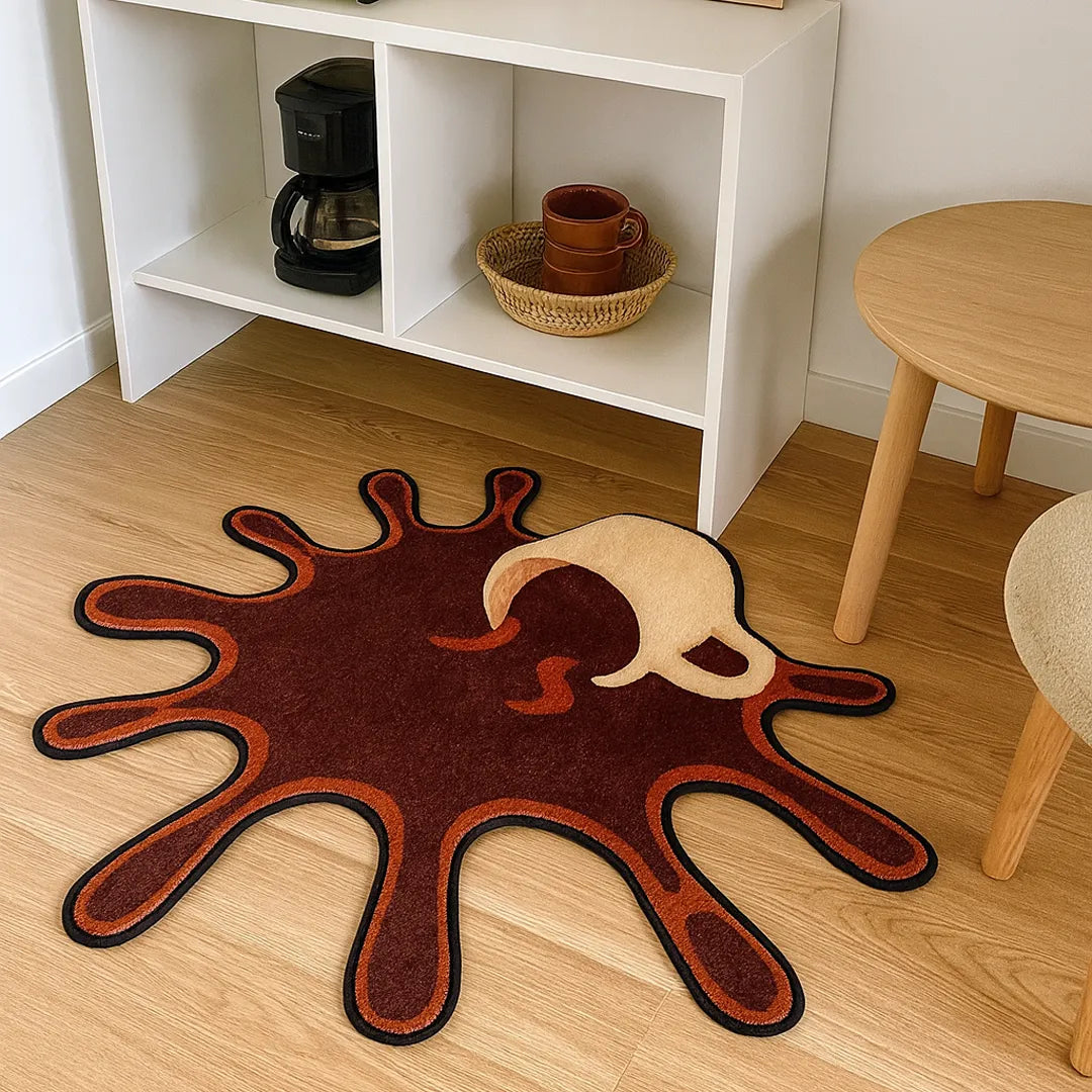 Faux cashmere irregular coffee spill rug with white mug, styled in a cozy coffee corner, modern living room decor by A Print Nest