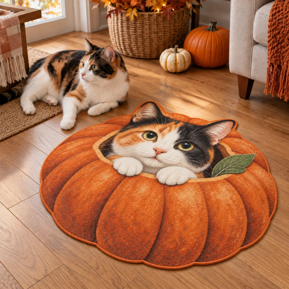 Custom Halloween cat pumpkin shaped faux cashmere rug with orange edging beside a calico cat