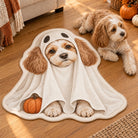 Custom Halloween dog ghost shaped faux cashmere rug with almond edging beside a small dog
