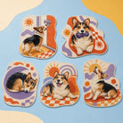 Five custom pet rug designs showing a corgi waiting, playing, sleeping, sunbathing and greeting the morning.