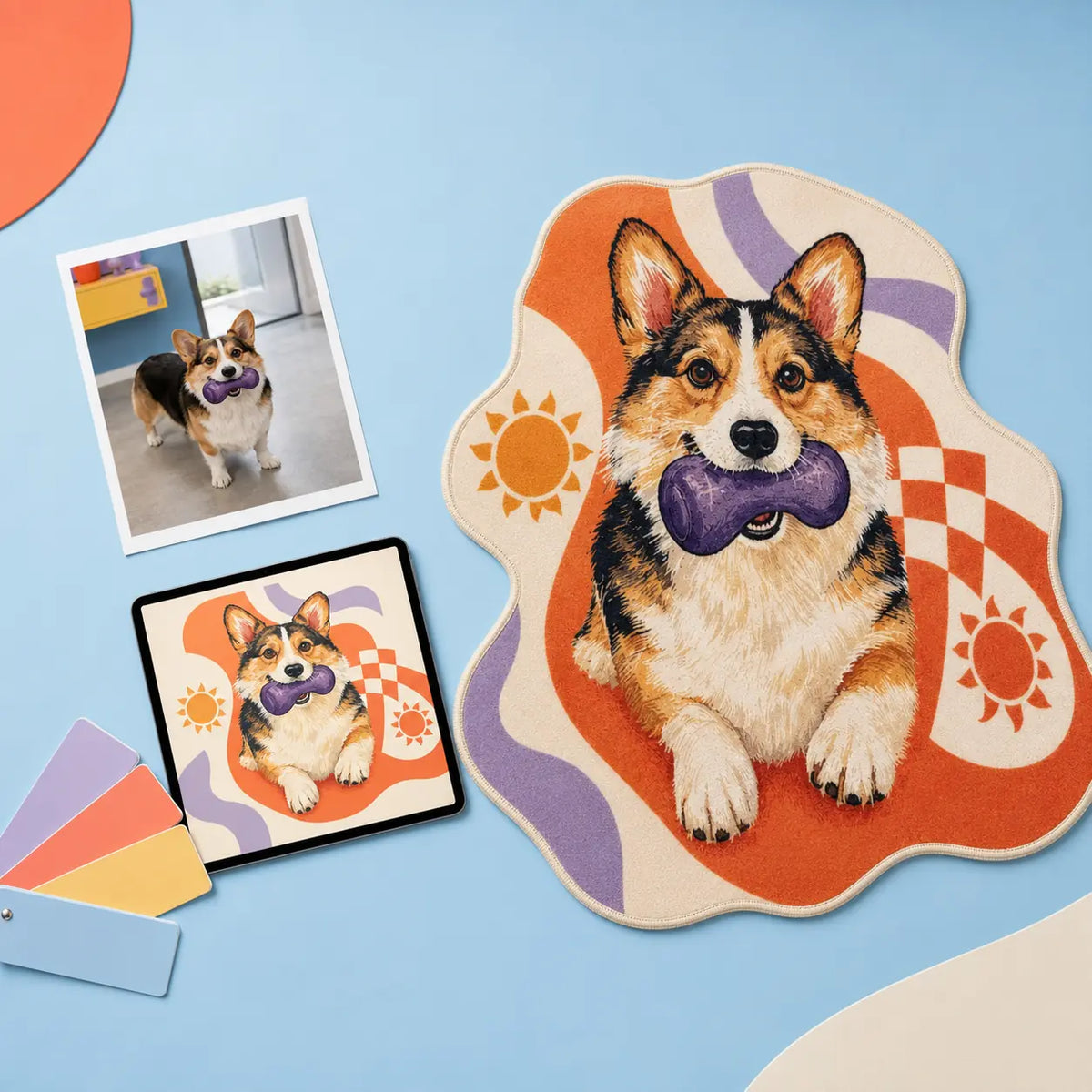Pet photo, digital design preview and finished custom corgi rug shown in a colorful customization process.