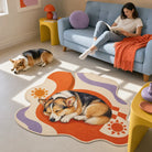 Corgi napping in sunlight beside a personalized pet rug in a colorful modern living room.