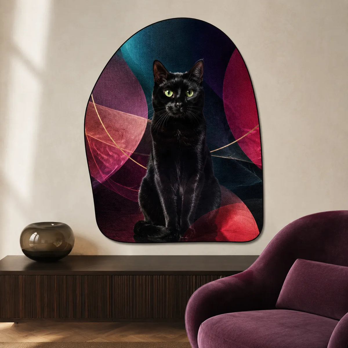 Custom black cat portrait wall rug in a bold colorful geometric style