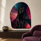 Custom black cat portrait wall rug in a bold colorful geometric style