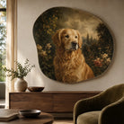 Custom golden retriever pet portrait wall rug in a cozy painterly garden style