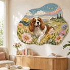 Custom Cavalier dog portrait wall rug in a cute whimsical flower meadow style