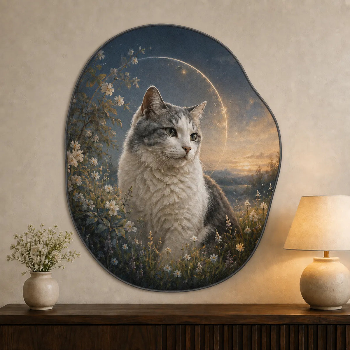 Custom gray and white cat memorial wall rug with a peaceful twilight garden design