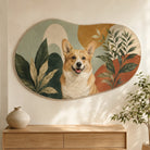 Custom corgi pet portrait wall rug with modern organic botanical artwork
