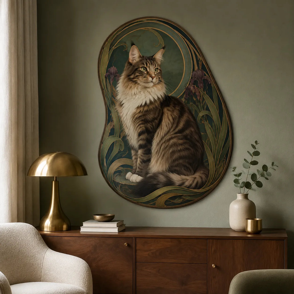 Custom tabby cat portrait wall rug in a vintage Art Nouveau botanical style