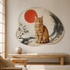 Custom orange tabby cat portrait wall rug with a Japanese Zen ink design
