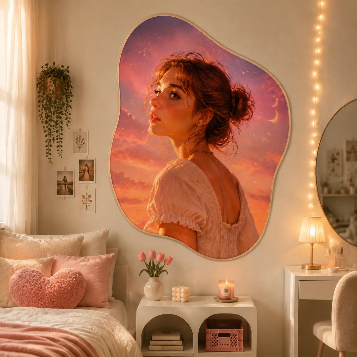 Custom portrait wall rug with an organic pebble shape featuring a dreamy sunset portrait in a cozy bedroom