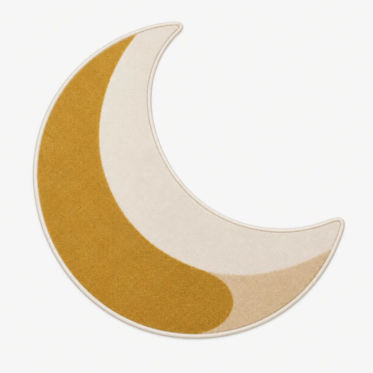 Mustard yellow crescent moon shaped rug with cream and beige curved design
