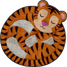 Cute sleeping tiger rug with a curled body design, made for kids rooms and play spaces.