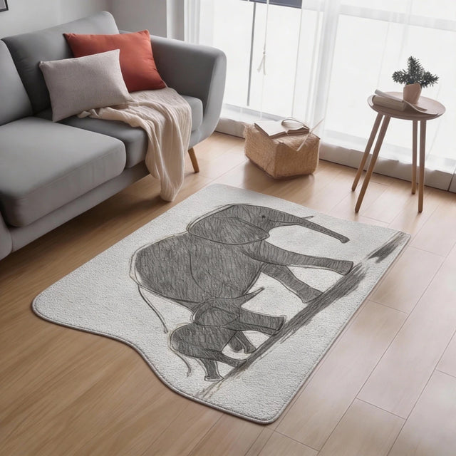 Mother & Child Elephant Irregular Shaped Rug | 4 × 7 ft | Living Room