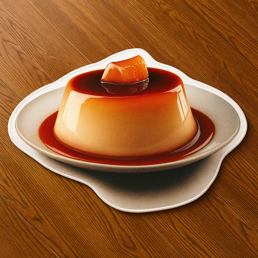 Caramel flan-shaped faux silk rug placed on wooden floor, featuring a shiny surface and white lockstitch edging in a cozy kitchen or cafe setting