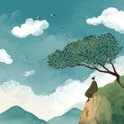 Minimalist illustration of a solitary figure resting beneath a tree, symbolizing calm, solitude, and quiet reflection.