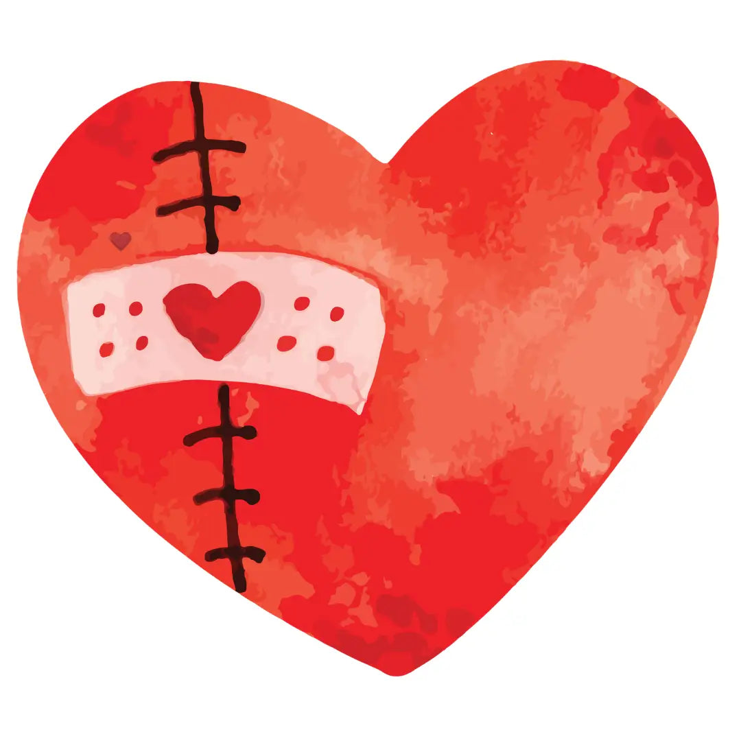 Heart-shaped design with a bandage and heart on a red background