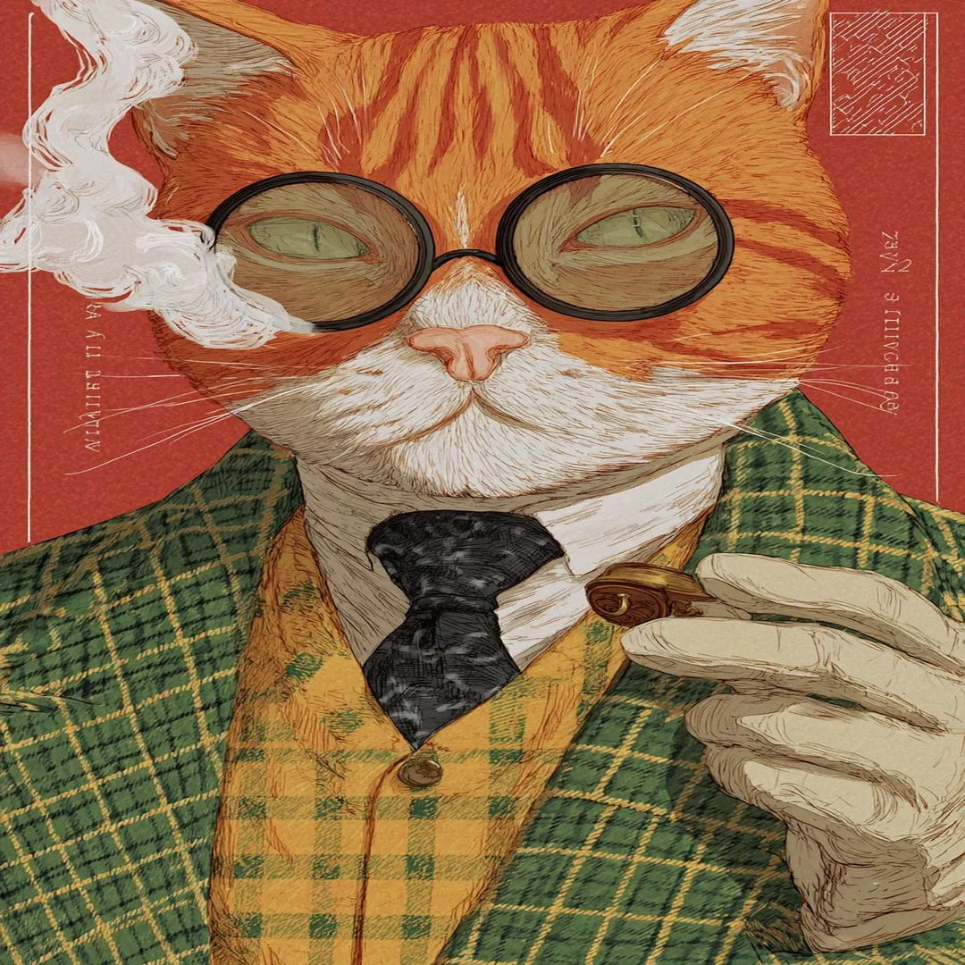 Close-up of illustrated cat artwork on rectangular faux cashmere rug, showing fine line detail and rich color texture.