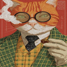 Close-up of illustrated cat artwork on rectangular faux cashmere rug, showing fine line detail and rich color texture.