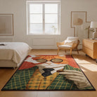 Rectangular faux cashmere rug featuring an illustrated cat with glasses and pipe, styled in a modern bedroom setting.