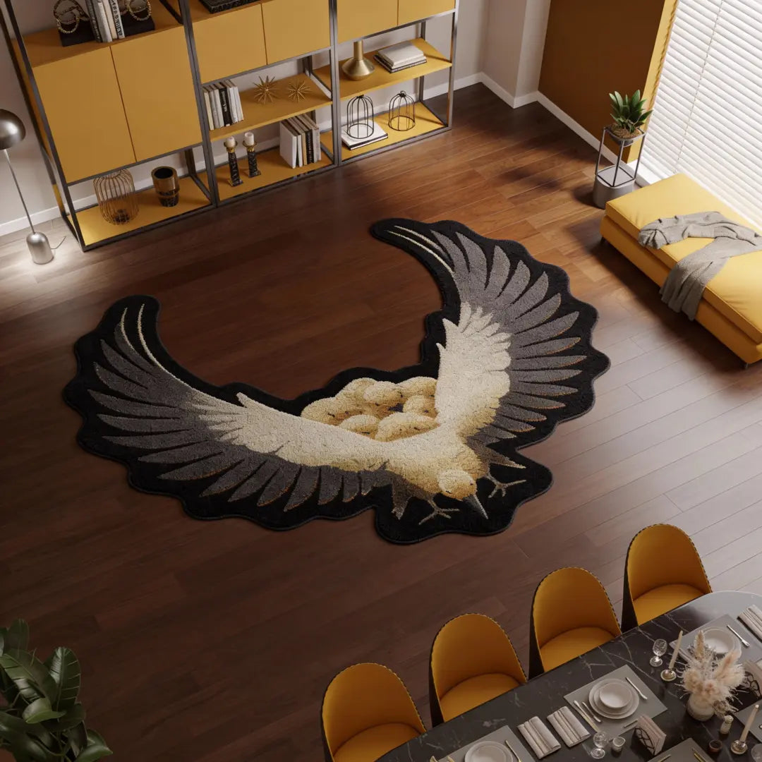 Organic-shaped eagle rug in a modern living room, featuring a mother bird sheltering her young on a faux cashmere surface.